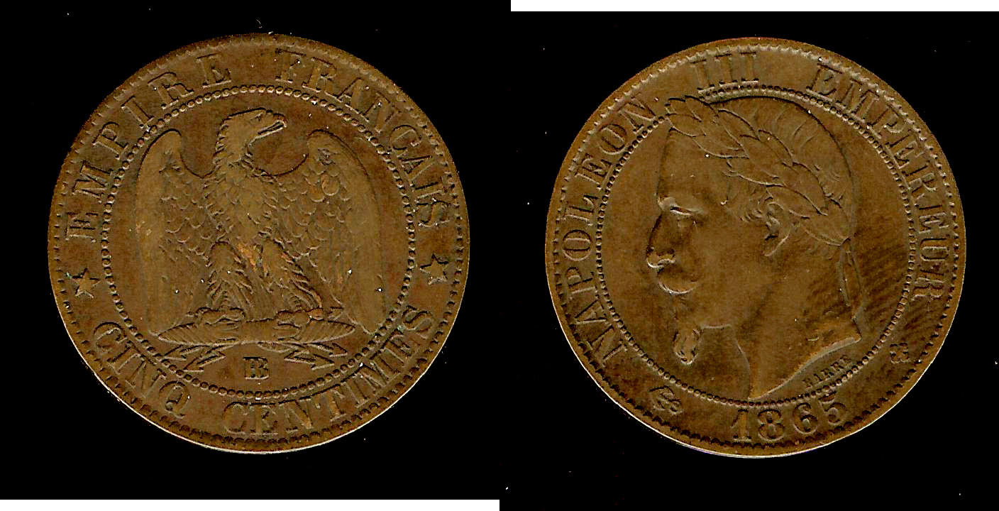 Cinq centimes Napoléon III, tête laurée 1865 Strasbourg TTB
